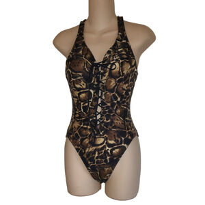 Vintage Victoria's Secret Swimsuit Leopard Womens Small 1 Piece NWOT Lace Up New